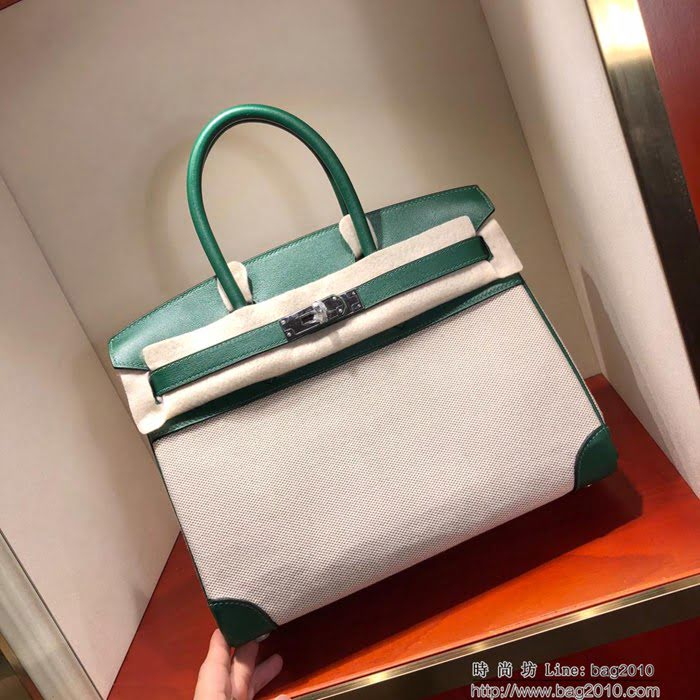 HERMES愛馬仕 鉑金包 Birkin30Cm Swift拼帆布 Z6 Malachite 孔雀綠 銀扣 頂級工藝 手縫蠟線 無敵限量版 古董包  Ama1603